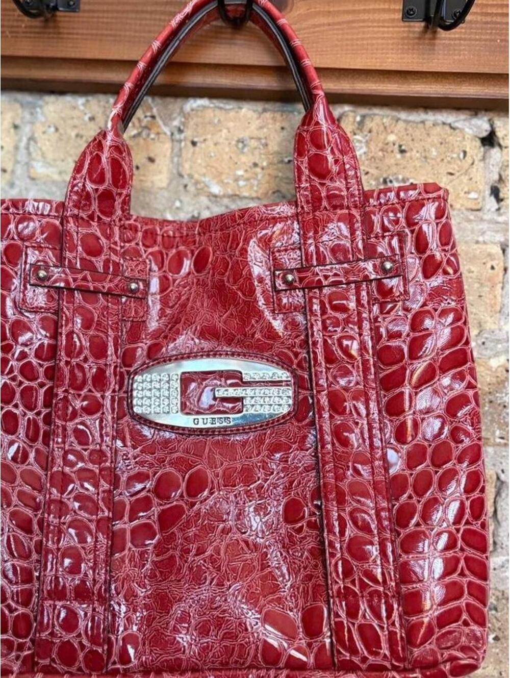 Red Guess tote bag with crocodile skin texture